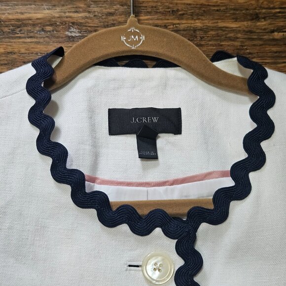J. Crew Linen Lady Blazer Jacket White w Navy Rickrack Trim SZ 6 - Picture 3 of 13